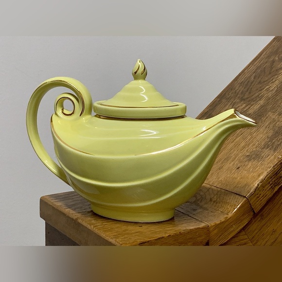 1930s Vtg Hall USA Gold Trim Canary Aladdin 6 Cup Curly Genie Lamp Teapot - Picture 5 of 16